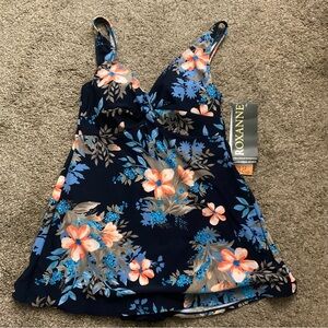 Roxanne Navy Floral Twist Front Swim Dress Swimsuit 12 NWT